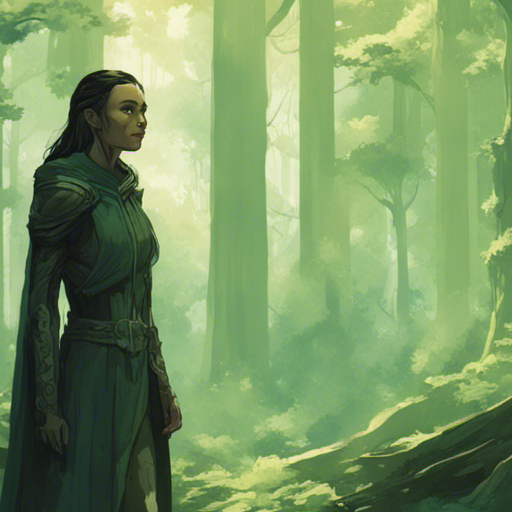 Thraeryn stands in a dense forest, surrounded by tall, ancient trees. Sunlight filters through the leaves, casting a soft, green glow on the forest floor. The air is filled with the crisp scent of nature, and the sound of chirping birds can be heard in the distance. Thraeryn stands on a path that leads deeper into the forest.