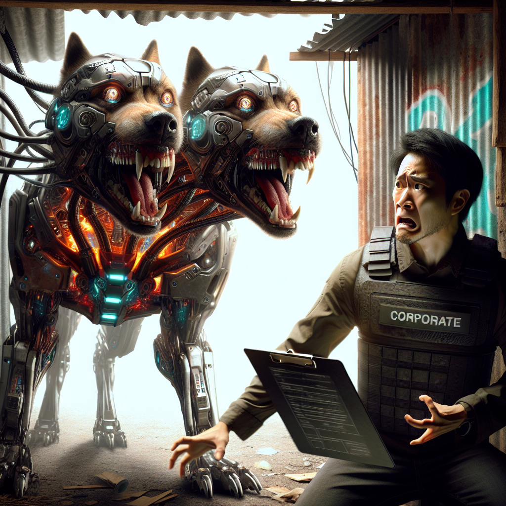 1. A three-headed cybernetic dog growls, its mechanical parts gleaming, as a nervous man in an armored vest with a corporate logo backs against a hut wall, clipboard fallen at his feet.