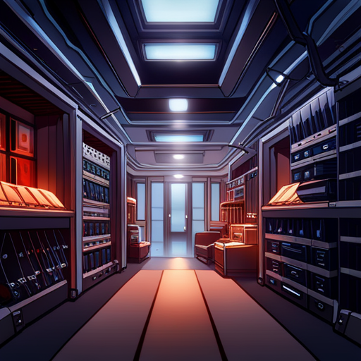 A hidden storage room with crates of spare parts and old equipment, with a mention of a useful hidden compartment. LED strips light up the area. Irq and Zeb are nearby. 
