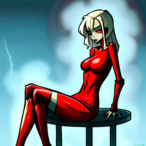 Zeb sees Anesthesia, a pale woman in a red vinyl dress, with an unsettling grin. She is a dangerous creature who frequents Devil's Night looking for new victims.
