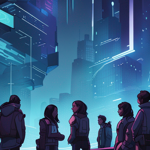 A group of individuals gathers near a futuristic art installation in Cyberdelia. They engage in an animated conversation, their voices drowned out by the music. Curiosity arises about the topic of their discussion. The scene is set in Downtown, with dark skies reflecting city lights off low clouds. The air is damp, and thumping baselines echo from nearby nightclubs. A payphone and the falafel guy's food cart are nearby. The characters present include the falafel guy and b, a man with long hair, glasses, and a backpack.