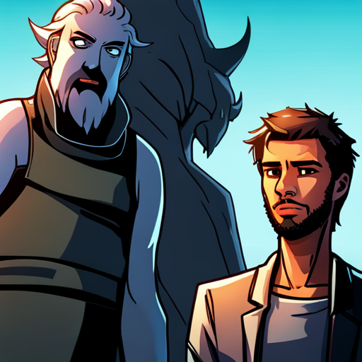 Zeb listens intently as Remz speaks about the kaiju-demon bond, his bearded face serious. Dirk stands nearby, the kaiju looming behind him. 
