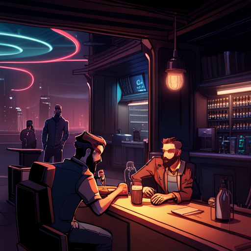 Wrewdison, the tall, bearded Q, stands before Ratz at the dimly lit Chat bar. Ratz looks at him with surprise as they discuss a paradise location. The electronic music blares on as the other patrons, including a drunk man, go about their business.