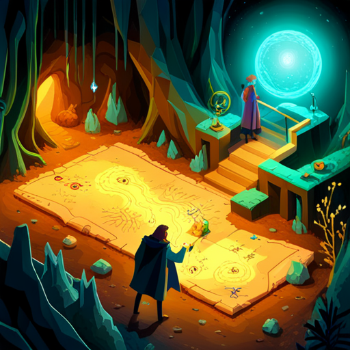 Test sees Thraeryn studying an old map of a cave system with mystical symbols and notes. Test aims a blinking light tool at a glowing crystal found by Thraeryn, causing it to beep and flash rapidly due to the crystal's energy. Nearby, a green-glowing cave axolotyl and Stardeath, a fox-shaped man with star-shaped feet, are present.