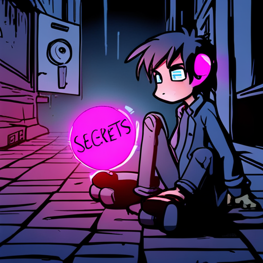 In the dimly lit alley, kc spots a fluorescent pink mini-disc labeled "secrets.txt" glistening under a flickering lightbulb. He picks it up and tucks it away. The black goat, obsessed with dark magic, is nowhere to be found.