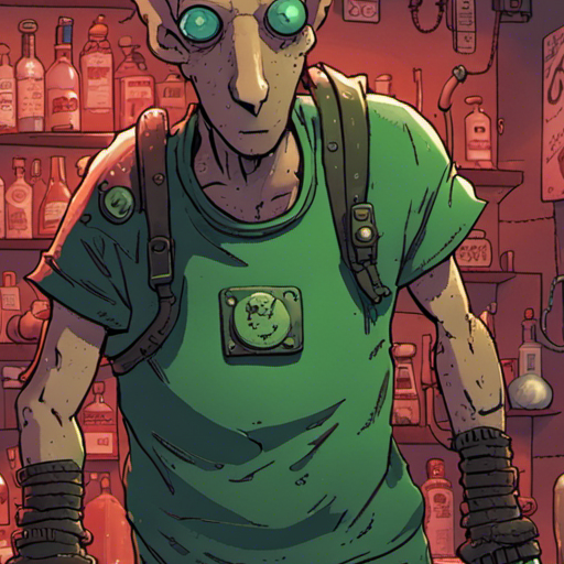 Ratz, a gruff figure with a shaven head and squinty brown eyes, looks up from behind the bar. His robotic arm jerks as he wipes down a glass. He nods at wrewdison, who stands tall in dark pants, a green t-shirt, and a baseball hat. The dim red lights of The Chatsubo illuminate the small bar, which is mostly empty. It is a quiet moment in the midst of deck jockeys seeking gigs. Ratz, the bartender, greets wrewdison with a nod and asks what he would like to drink.