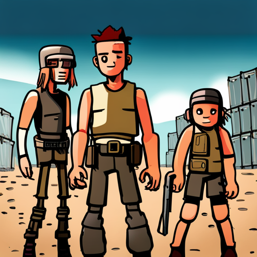 Greg sees three raiders left standing in the Wasteland outpost, surrounded by rotting shipping containers. The Mechanic, Pangolin, and Zeb are also present. 
