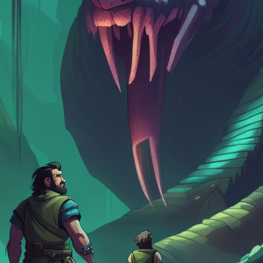 Zeb stands defiantly, facing Jorm, a giant slavering snake. The cave is dimly lit, with stalactites hanging from the ceiling. Zeb's determined expression contrasts with Jorm's sinister grin. The air is tense, as they prepare for an epic showdown.