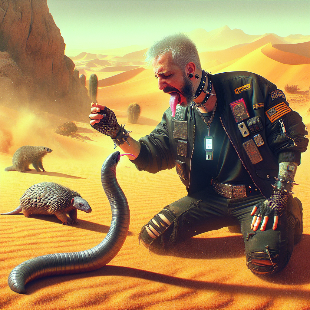 1. A foot-long worm lies still on the sun-baked desert floor, as a middle-aged goth with a beard, black tee, ripped-sleeve bomber jacket, and USB necklace extends his tongue to its head. A pangolin observes, bewildered. Sand swirls, rocky outcrop looms.