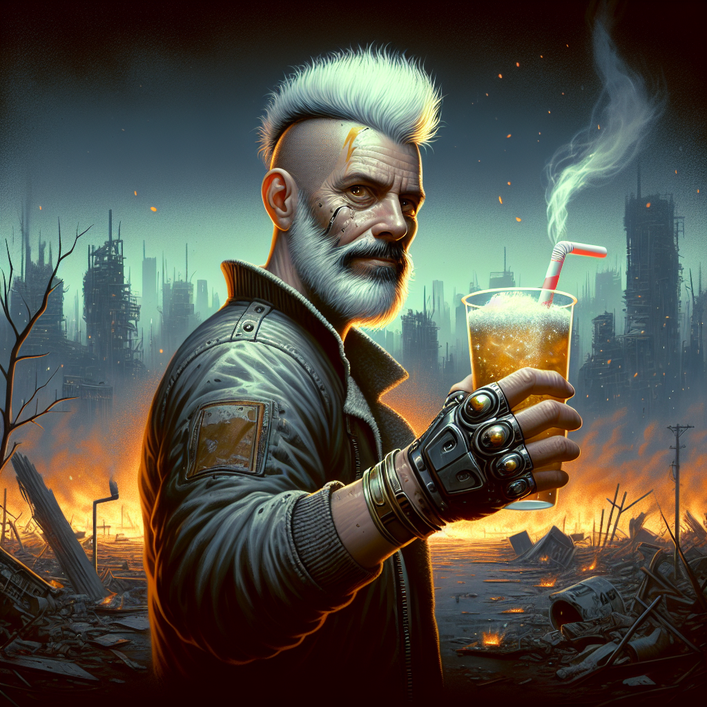 1. A middle-aged man with a short beard and fuzzy mohawk, highlighted by a white streak, grips a clear cup filled with a frosty beverage. Ash drifts around him, and smoldering rubble sets a grim backdrop under a dusky sky.