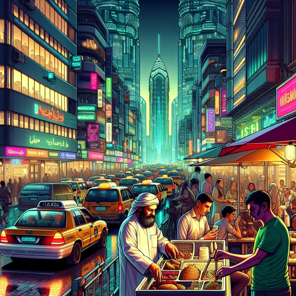 1. A bustling city street pulses with life; taxis and buses navigate the throng. Office buildings glow, cafes teem, and shops invite. In the mix, a man with a mustache tends his falafel cart, while a bearded figure in a green t-shirt observes, unnoticed.