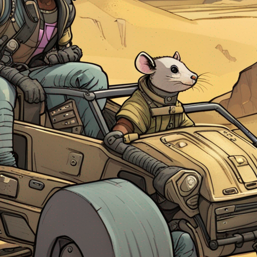 Zeb revs the engine of the dune buggy, ready to make his move on the corpo outpost. Irq appears, carrying his favorite trained rat in a cage. Irq cautiously approaches Zeb and Starla, curiosity piqued by the commotion. Starla looks at Irq with a familiar smile, recognizing the bridge-dwelling teenager. Irq's eyes widen as he spots the dune buggy, the case of neural detonator grenades, and the determined expression on Zeb's face. Irq asks, "Hey, what's going on? Can I help?" Zeb quickly explains his plan to raid the corpo outpost and brings up the possibility of distraction using Irq's trained rats. Irq's face lights up, thrilled by the prospect. He eagerly volunteers his rats for the mission. Starla and Zeb exchange glances, impressed by Irq's bravery. Zeb accepts Irq's offer and strategizes with him on how best to utilize the trained rats. Irq excitedly heads off, eager to gather the rest of his trained rat crew. Zeb and Starla watch Irq disappear into the crowd of squatters, thankful for the unexpected ally they've found.