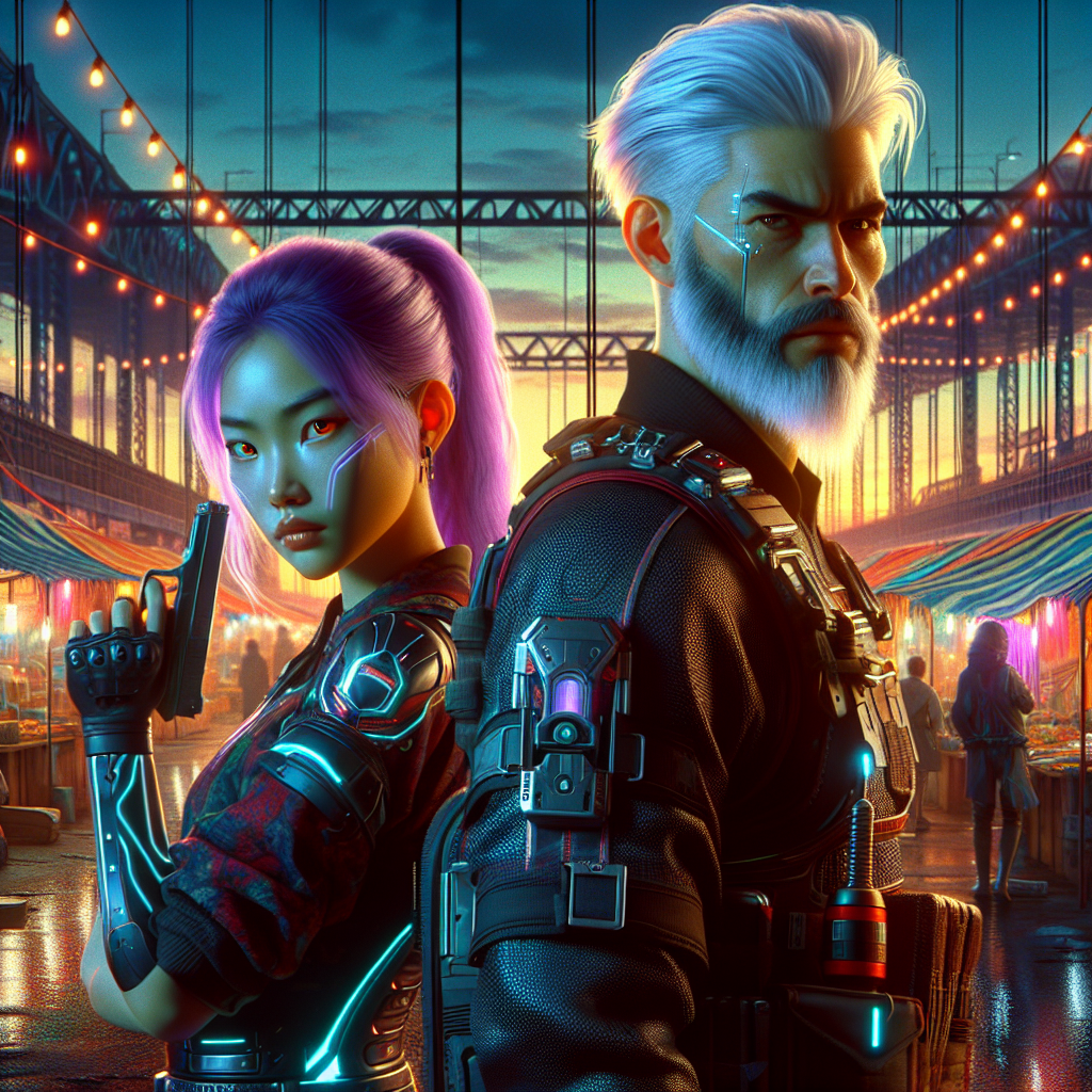 1. A cyberpunk woman with purple hair stands beside a bearded man with a white-streaked mohawk, both poised with intent. The bridge behind them bustles with makeshift shelters and neon-lit stalls, under a dusky sky.