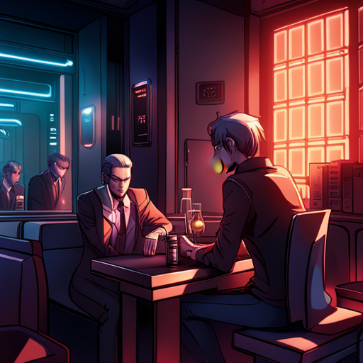 A tall, slim man with slicked-back hair and a cybernetic eye enters the dimly lit Chatsubo bar. He takes a seat next to Zeb and nods to Ratz, who pours him a shot without asking. The newcomer takes the shot and sets the glass down with a clink.
