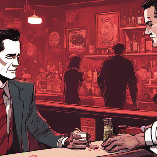 Agent Cooper stands at the bar, his pale face illuminated by the dim red lights. Ratz, a gruff figure with a shaven head and squinty brown eyes, nods at him. Ratz's robotic arm jerks monotonously as he walks over to Andy. The bar is mostly empty, with a long wooden bar dominating the space. Agent Cooper's eyes are fixed on Ratz and the drink he is about to serve. The time of day is evening, and the weather outside is unknown.