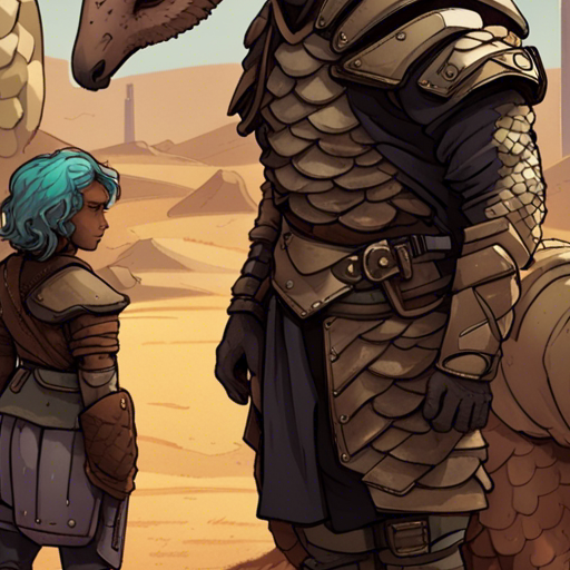 A human-sized Pangolin mutant, covered in armor-like scales, stares at Thraeryn with intrigue and skepticism. The Pangolin challenges Thraeryn to prove their ability to undo what has been done, warning against false promises or tricks. The scene takes place on Wasteland Road, a long desert road with eroded trenches, and there is a nearby Corpo security hut. The time of day is not specified, but the weather is likely hot and dry, given the desert setting.