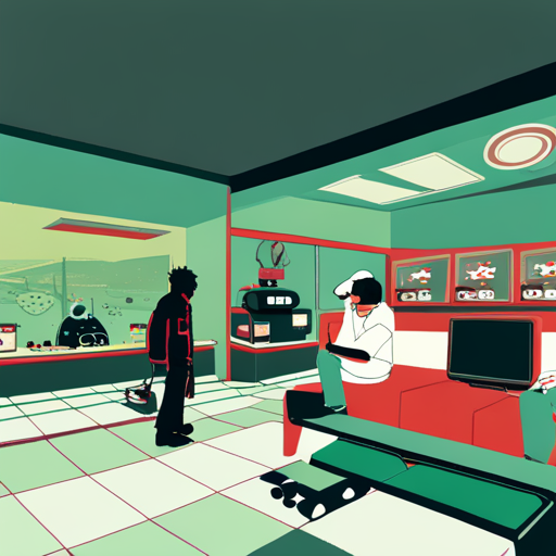 In the photo, Kappa is seen preparing a small bowl of soup for Truffle, while Zeb watches on. Mr Whiskers is examining an iPod, navigating through the music section. The tiny ramen restaurant has a red and white mural of the sunrise on the wall, and a robot vacuum whirs loudly in the background.