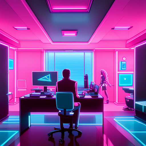 Zeb sees Ben Brown's office, filled with action figures, books, and old tech. A standing desk with three large monitors dominates the space, lit in pink and cyan.
