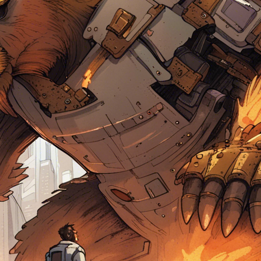 A towering kaiju monster, resembling a mutated capybara, smashes through buildings in a burning city. A mecha battle suit, gleaming in white and gold, stands ready to fight. Wrewdison, a tall man with a beard, observes the chaos, realizing that the menacing figure he thought was Zeb is actually a cleverly disguised robot. The rubble of a collapsed building smokes in the background, as ash drifts through the air and explosions echo in the distance.