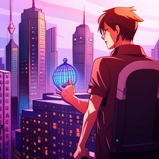 Thangkred sees FRED-209 projecting a map and pointing to a location. Cage stands nearby, while the holo billboard and skyscrapers loom in the background. 
