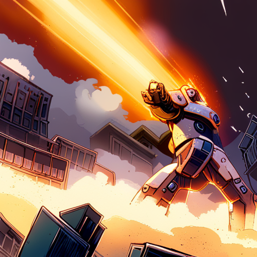 Zeb's gaze falls upon a partially destroyed factory, rubble obstructing the entrance. In the background, smoke rises from a collapsed building and the docks burn. A towering 200-foot-tall kaiju monster, resembling a mutated capybara, smashes buildings and roars fiercely. A shining white Mecha battle suit with gold highlights, carrying a battle rifle and energy sword, stands nearby.