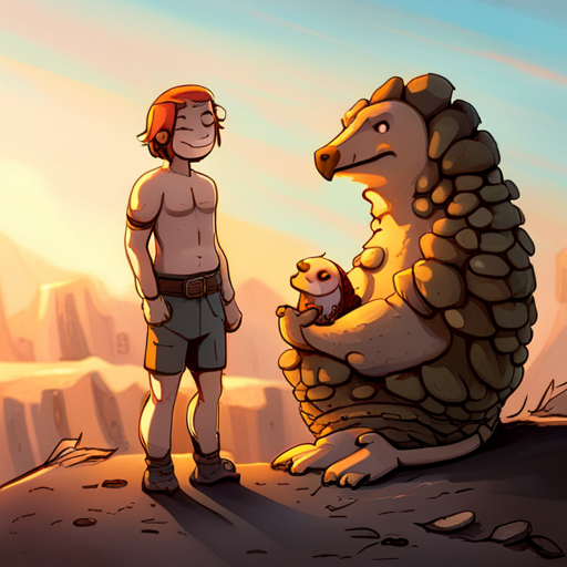 Potato stands with Mechanic and Pangolin, thanking them for their help. Mechanic, shirtless with piercings, grins while Pangolin, covered in scales, smiles. Turnip snuggles in Potato's arms. 
