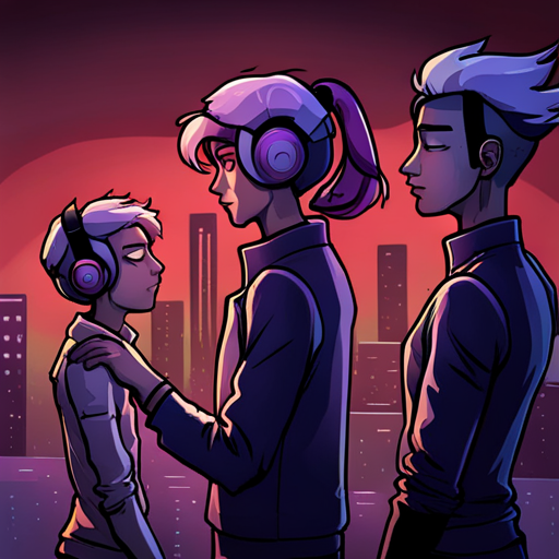 Irq, a shy teenager with a cage of rats, twirls his hair as he listens to Zeb. A quadcopter drone hovers nearby, while Starla, a cyberpunk woman with purple hair, sells wetware from her bike in the background.