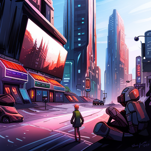 Basic Elf spots FRED-209 and a holo billboard in the bustling Corpo District. They clutch their items tightly, including a cave axolotl, as they navigate the crowded streets. 
