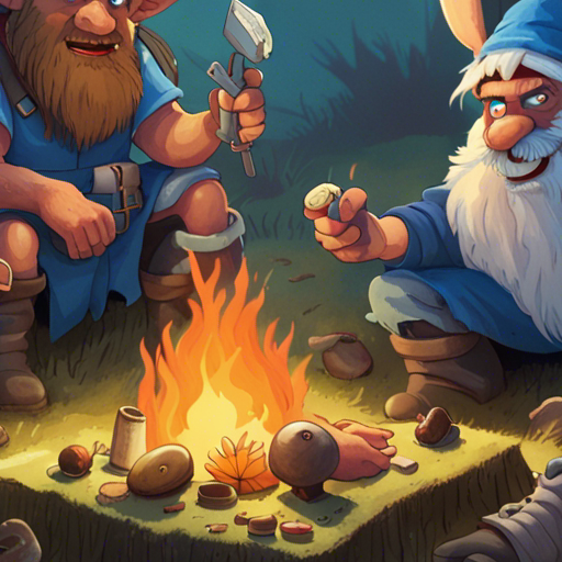 In the sun-drenched clearing of an enchanted forest, a group of travelers gathers around the remains of a campfire. A sarcastic talking donkey, a small gnome in blue coveralls, and a hulking barbarian in a fur loin cloth and tall boots are engaged in conversation. The mushroom village stands nearby, adding a whimsical touch to the scene. The air is filled with dust motes, creating a magical ambiance. It is a Saturday morning, and the promise of adventure hangs in the air.