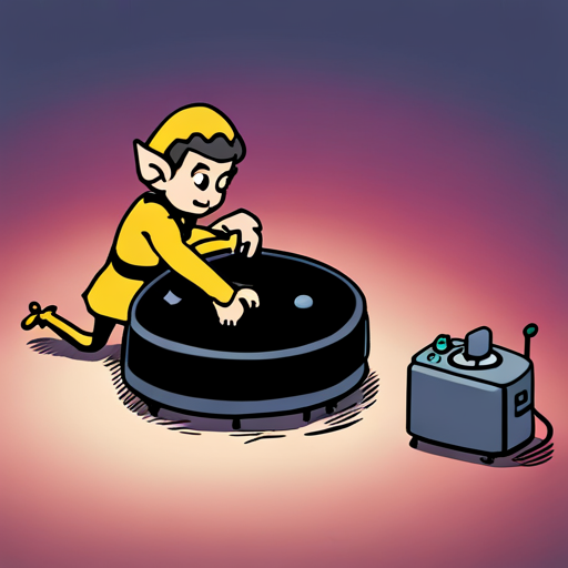 Basic Elf looks at the Robot vacuum as it whirs loudly, knocking over a chair on its path out of the tiny ramen restaurant. The machine is a small, round robot with a black and silver body. It has a sensor on its front and a small brush underneath. Its movements are jerky and unpredictable, causing it to frequently bump into objects and knock them over.