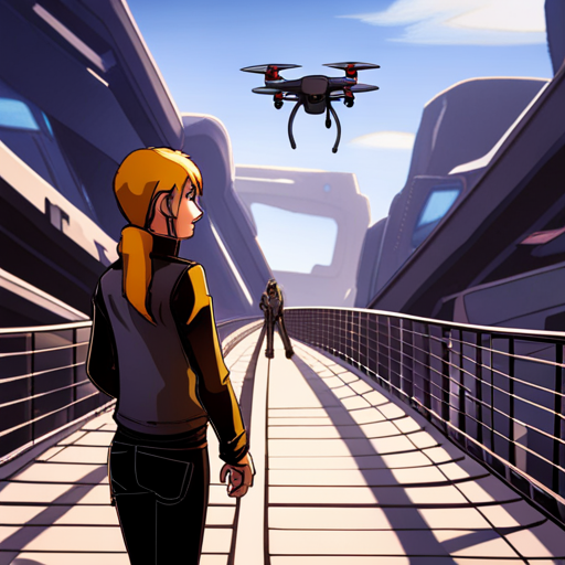 Thraeryn stands on The Bridge, looking up at the yellow and black quadcopter drone hovering above him. Starla explains her magical enhancements to the drone, but Thraeryn remains suspicious. 
