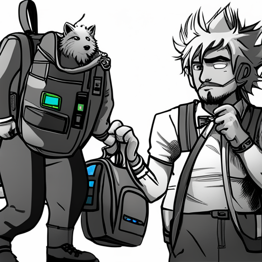 Potato and Turnip examine gear. Turnip, a small dog with white fur and black spots, sits in a backpack with a zipper. The vending machine behind them displays futuristic weapons and gadgets. Ben Brown's hologram stands nearby. Zeb, a bearded man with a spikey mohawk, looks on. 
