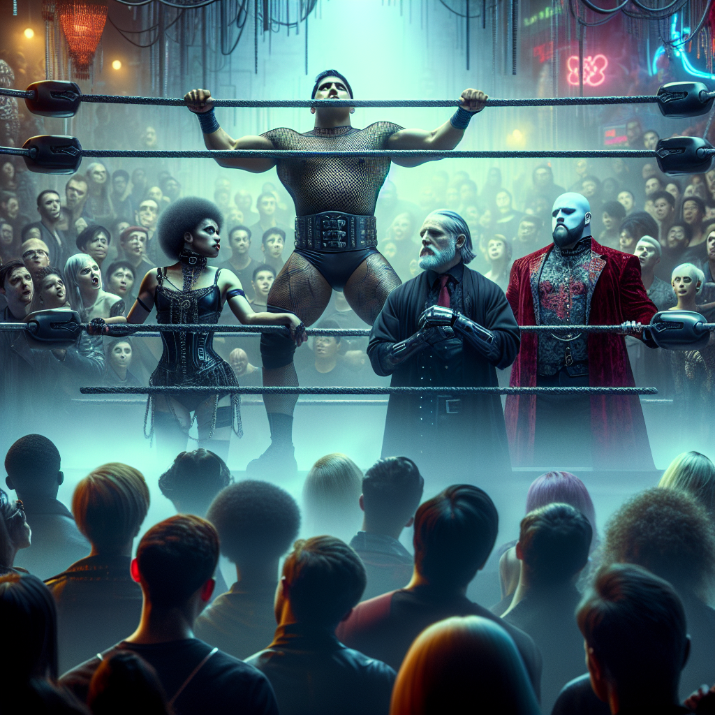 1. A red man lifts a compacted wrestling ring, his muscles taut. Club-goers, including a rotund man in mesh and leather, and a pale woman in red velvet, watch in awe and confusion. The goth club's stage and bar fade into the background, under a haze of smoke.