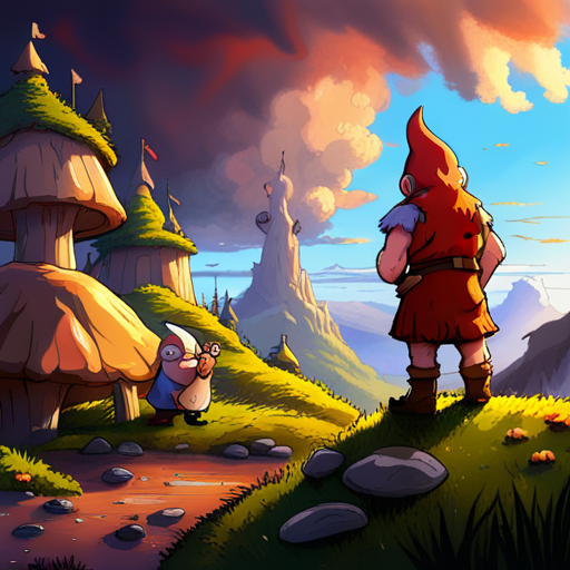 Gnome stands in awe of the abandoned mushroom village, while Barbarian kicks a mushroom and Zeb listens for the crow. Truffle sniffs around. 
