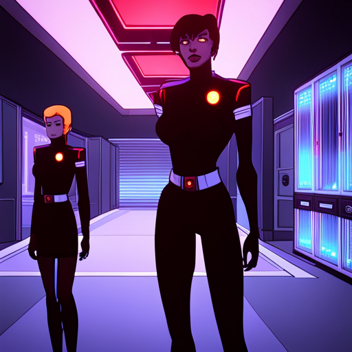 Arnold sees the anxious bank teller in her ugly puce uniform behind the bulletproof booth, while Thraeryn, a red absence, waits in the background. The vault and data ports are visible. 
