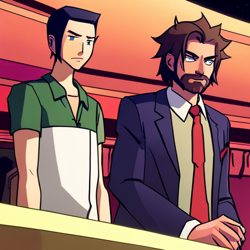 Wrewdison, a tall and fit man with slightly messy hair and a beard, stands at the bar of The Chatsubo. Ratz, a gruff bartender with a robotic arm, raises an eyebrow at Wrewdison's request for green faeries. The dim red lights illuminate the small bar, which is mostly empty except for a drunk man sleeping in a pool of drool. Ratz gestures towards the bar, waiting for Wrewdison's response.

