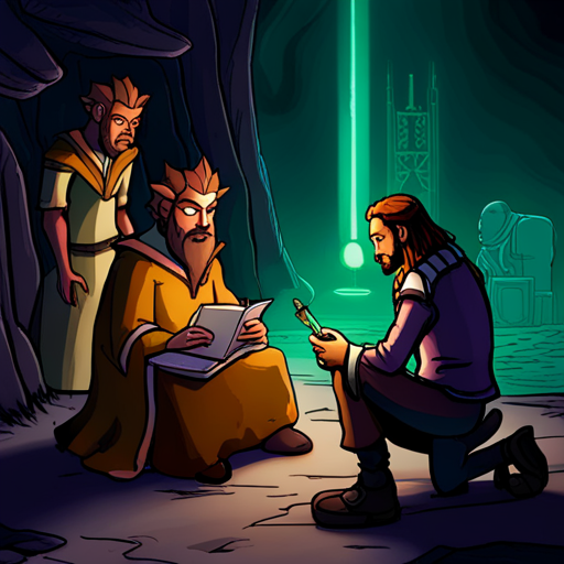 In the underground chamber, Thraeryn studies the alien machinery with The Alien's Guide to Engineering projected by the holographic device. He activates the universal translator with a loud farting sound and a terrible smell. Mr Whiskers leads the way, while the axolotyl's green glow illuminates the dark cave. Zeb, a bearded man with a spikey mohawk, observes the scene wearing a sleeveless black shirt and loose pants with lots of pockets.