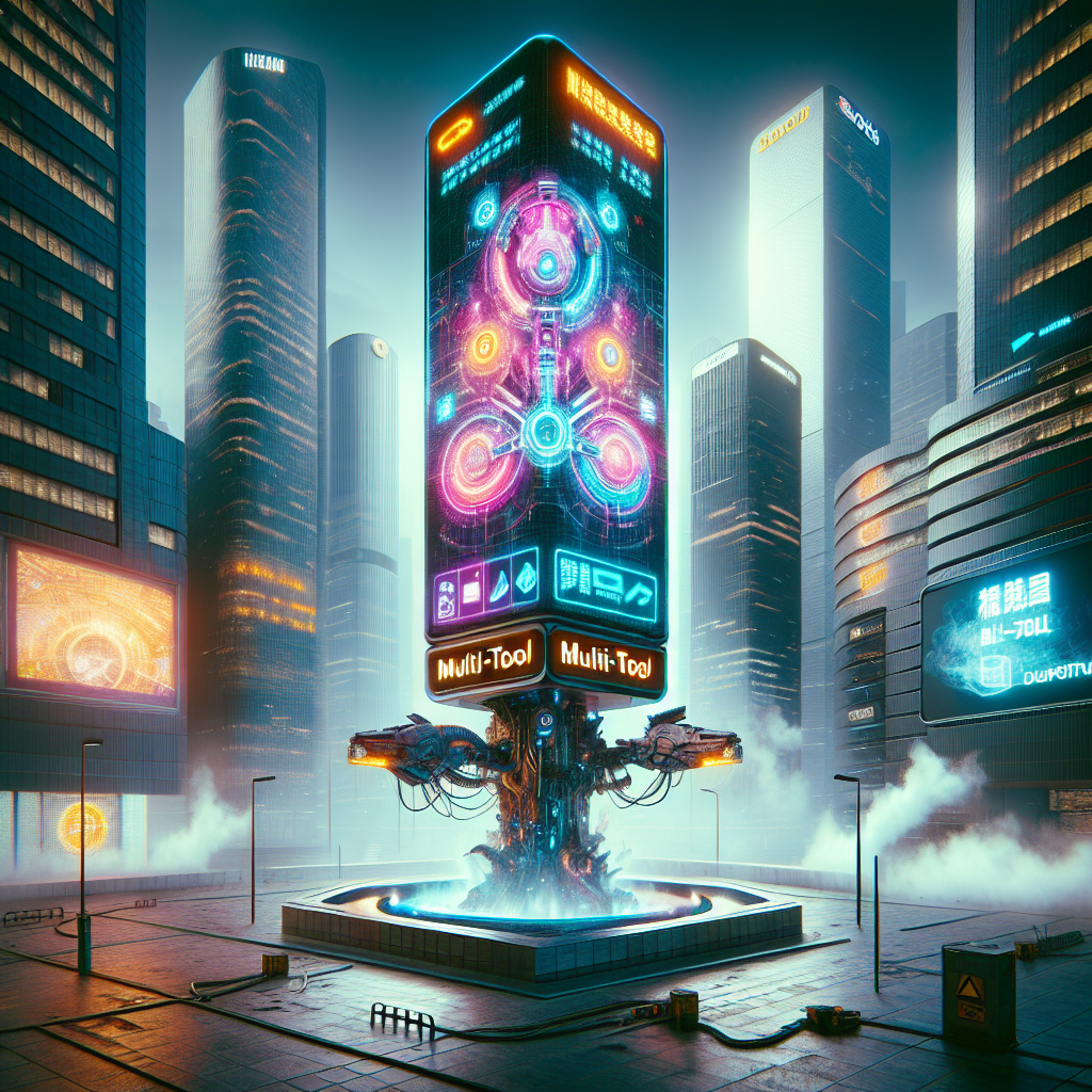 1. A towering holo billboard illuminates the Corpo District square with a shiny multi-tool advertisement, amidst skyscrapers, corporate logos, and a grotesque sculpture. Steam rises from a nearby manhole.