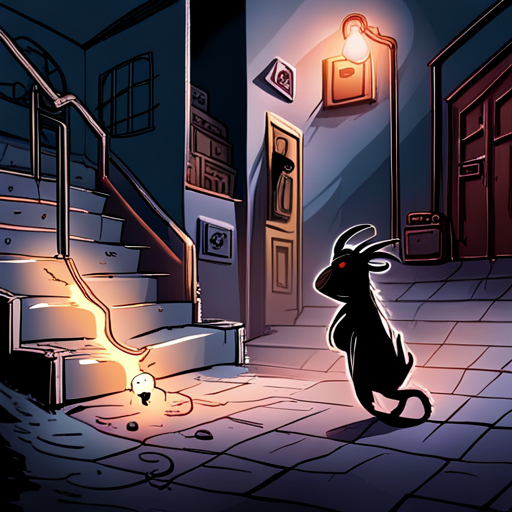 Mr Whiskers sees a wet alley lit by a flickering lightbulb. He notices a spray-painted "Hell" on the wall of the stairs. A black goat stands nearby, bleating loudly and suggesting dark magic. In the corner, a minidisc lies in a small puddle.