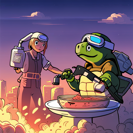 Merg, the tired turtle, examines their multitool utility knife with interest. The retractable blade is sharp and versatile, with additional functions like a screwdriver and can opener. Nearby, Kappa, the ramen cook with a bowl on his head, prepares delicious smelling food in the tiny three-seat bar.