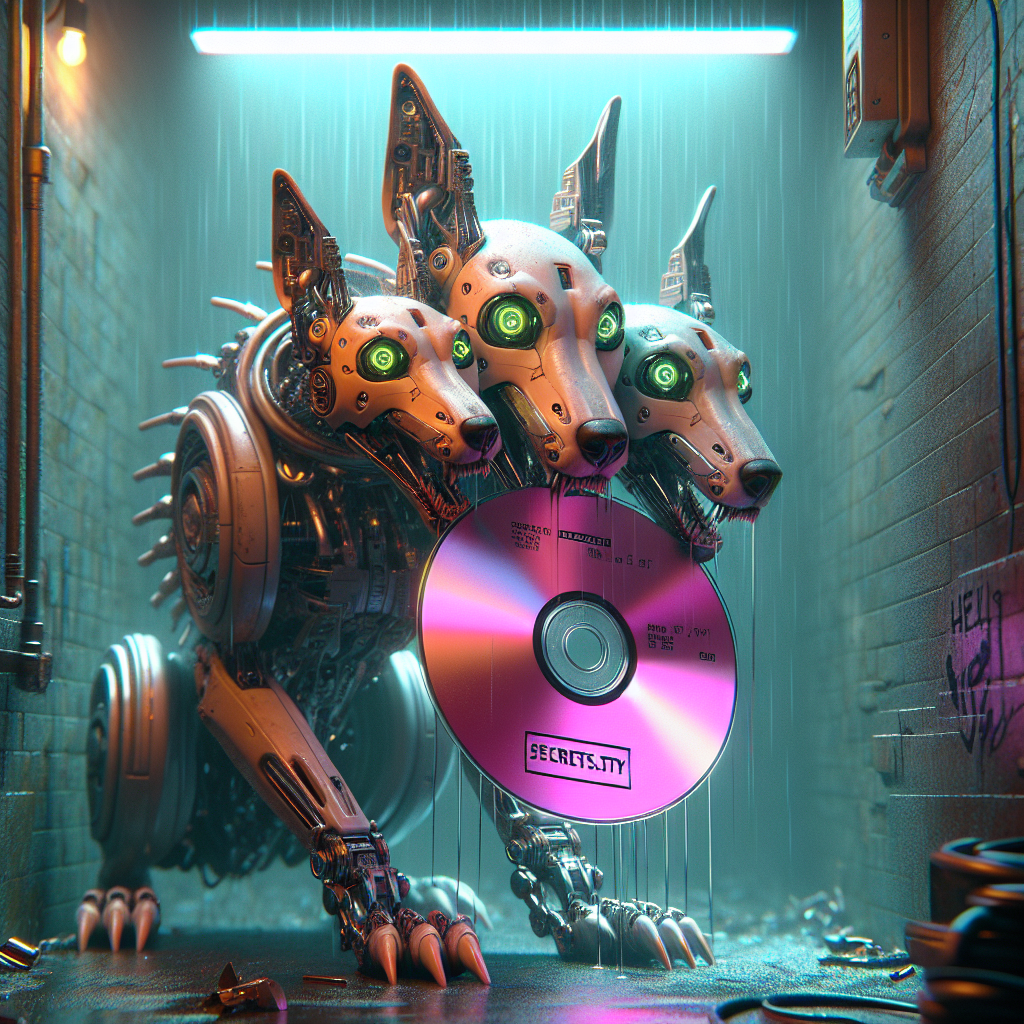 1. A three-headed cybernetic dog grasps a fluorescent pink minidisc labeled "secrets.txt" amid a light rain in a grimy alley, under a flickering lightbulb, with "Hell" spray-painted nearby.