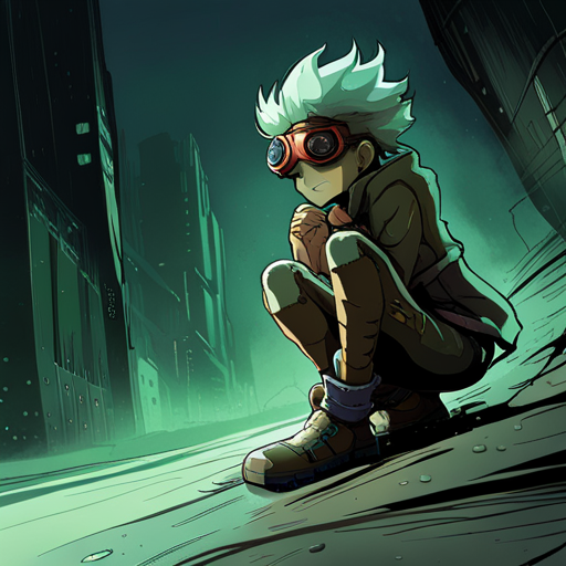 Cage, a pale and lanky man with greasy hair, crouches down and prepares to crawl into a narrow crack in the wall. He wears strange glowing goggles and carries a large pack with outdated gear. His tall boots splash in the water as he disappears from sight, leaving behind a torn gash in the ground leading into the sewers.
