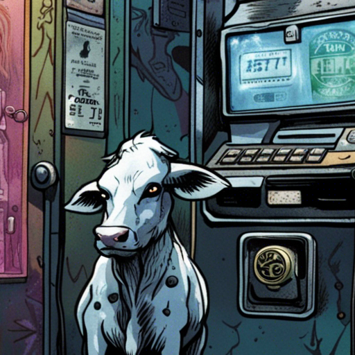 Lintile's gaze fixates on the payphone, drawn in by the glimmer of a quarter in the coin return. A cult of the dead cow sticker adorns the glass door, adding a touch of rebelliousness to the vintage booth. But it's the out-of-place dataport that captures Lintile's curiosity, hinting at hidden secrets waiting to be discovered. The promise of adventure hangs in the air, urging Lintile to take the next step.