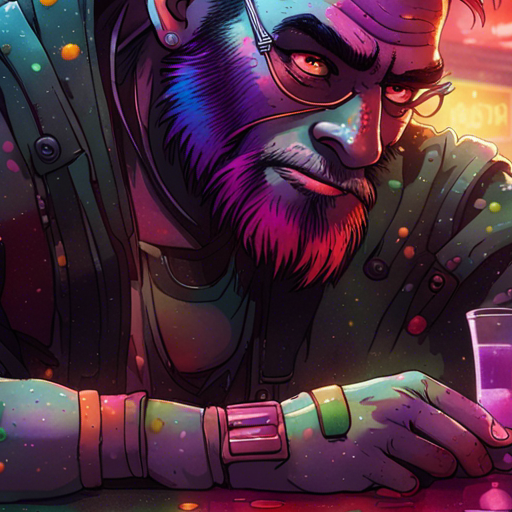 Zeb's gaze fixates on the unconscious drunk, now a canvas of vibrant rainbow splatters against his disheveled appearance and drool-soaked pool. Amusing and oddly beautiful, the rainbow brings whimsy to the dreary bar. The Chatsubo's dim red lights illuminate the scene.