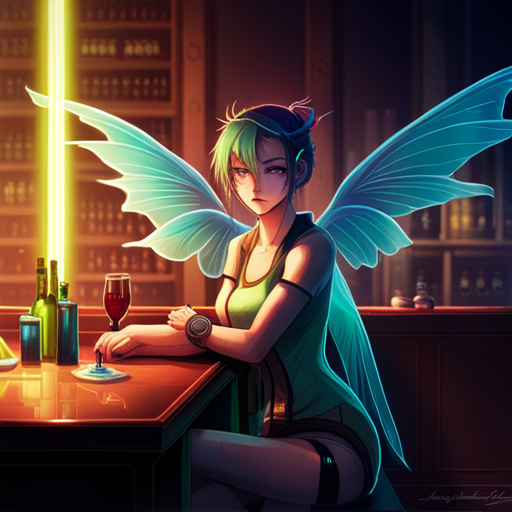 A small, mischievous green faerie with delicate wings and a mischievous smile hovers in front of Wrewdison, its presence filling the dimly lit bar with an ethereal energy.
