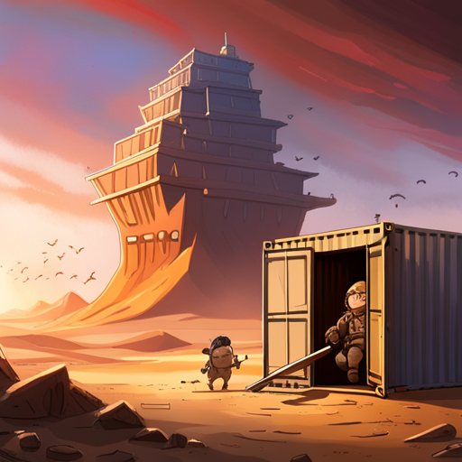 Potato and The Mechanic drag a shipping container to barricade the outpost entrance from the incoming sandstorm, while Turnip runs around excitedly. Pangolin stands guard, warning of the approaching storm. Metal sheets lay scattered on the ground. 
