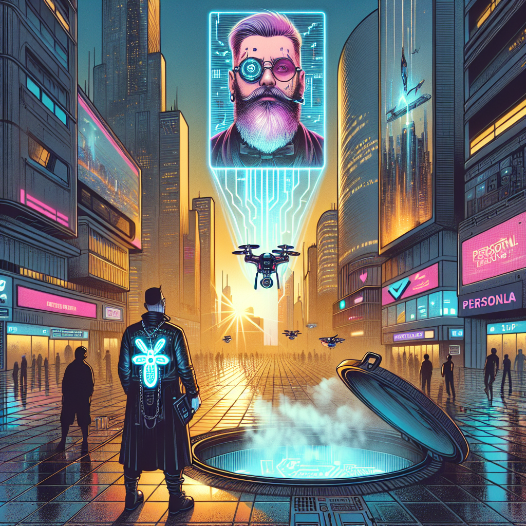 1. A vibrant holo billboard displays a personal drone ad above a bustling Corpo District square. Mid-day sun glints off skyscrapers, while steam wafts from a manhole. A middle-aged goth with a bearded face, black attire, and a USB necklace stands nearby.