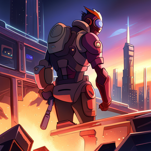 Zeb searches the warehouse for hidden compartments, finding nothing. They plug a small data chip into their wrist computer, searching for information on the stolen wetware. In the background, the docks burn and a collapsed building smokes. A control unit and a mecha battle suit are nearby.