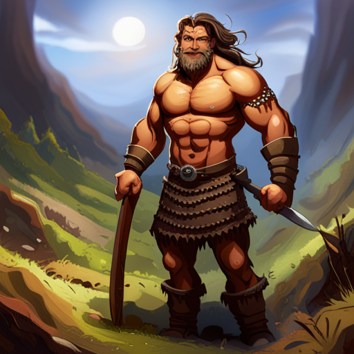 Barbarian, a hulking figure with wild, unkempt hair and a thick beard, stands tall in the sunlit clearing. His piercing blue eyes gleam with excitement as he grins, revealing his strong, white teeth. Wearing only a fur loin cloth and tall boots, he clutches his sword tightly, ready for action. The anticipation of a satisfying meal and the promise of glory fuels his every move.