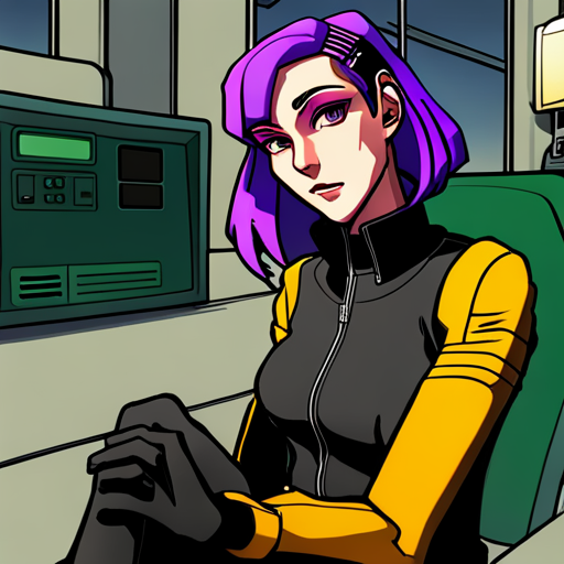 Wrewdison sees a cyberpunk woman with purple hair and a neoprene jacket, eyeing him warily. She sells wetware out of her custom bike and is looking for a lost minidisc. 
